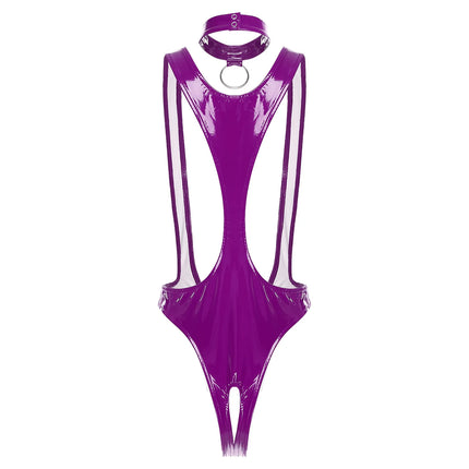 Womens Sexy Glossy Patent Leather Crotchless Bodysuit Monokini Sling Latex Catsuit Special Occasion Costume with Choker Necklace