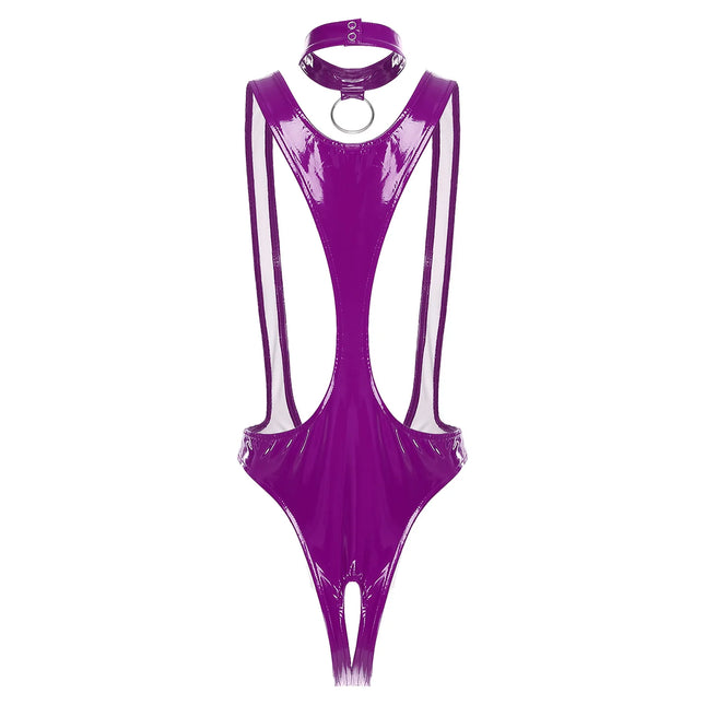 Women's Sexy Glossy Patent Leather Crotchless Bodysuit Monokini Sling Latex Catsuit Special Occasion Costume with Choker Necklace