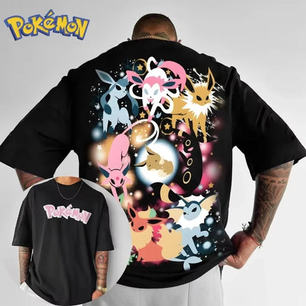New Pokemon Anime Eeve Creative Print T-shirt, Cotton Men's and Women's New Summer Loose and Casual Harajuku Short-sleeved Top