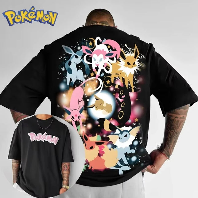 New Pokemon Anime Eeve Creative Print T-shirt, Cotton Men's and Women's New Summer Loose and Casual Harajuku Short-sleeved Top