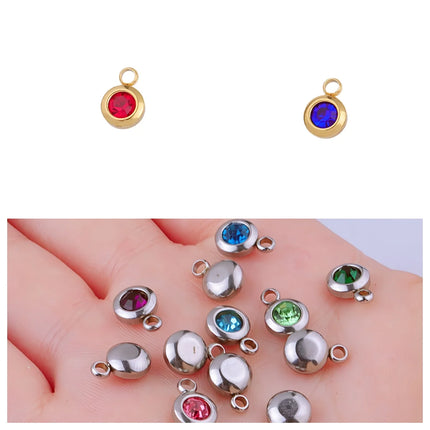 6.5mm Gold Titanium Steel Zodiac Sign Birthstone Pendant Charm Lucky Birthday Stone Cup Drill Point for DIY Jewelry Making