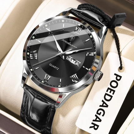 POEDAGAR Classic Luxury Men's Wristwatch Date Week Leather Business Man Watch Waterproof Luminous Fashion Quartz Watches For Men