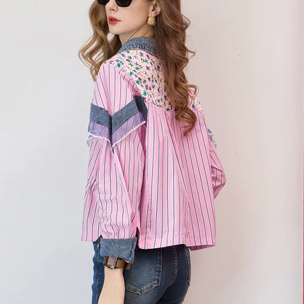 Women Cropped Striped Floral Print Patchwork Shirt Loose Fit Drawstring Waist Button Up Blouse Casual Shirt Top