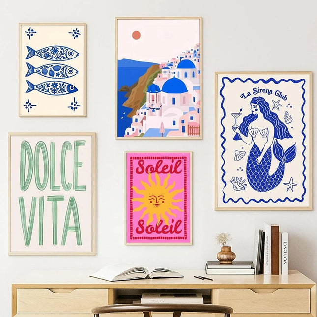 Dolce Vita Gallery Wall Set Mediterranean Preppy Coastal Prints Dopamine Decor Print Kitchen Bar Cart Art Canvas Painting
