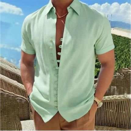 High quality comfortable linen men's short sleeved shirt, fashionable trend, street outdoor, lightweight and casual
