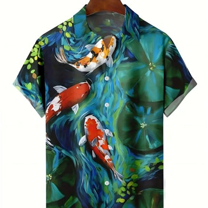 Fish pattern print, men's fashionable short sleeved shirt, loose top, outdoor street, casual and comfortable