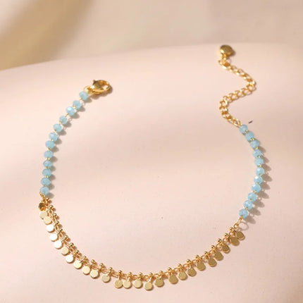 Vintage 18K Gold Plated Tassels Charm Anklet for Women Elegant Summer Beach Boho Light Blue Crystal Beads Chain Vocation Jewelry