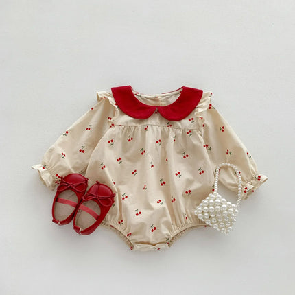 7397 Baby Princess Romper Cherry Printed Longsleeve Cotton Jumpsuit Baby Clothes Infants Outfit