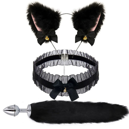 Female Male Erotic Cosplay Accessories of Cute Fox Tail Anal Plug with Soft Bow-Knot Cat Ears Headbands Collar for SM Sex Toys