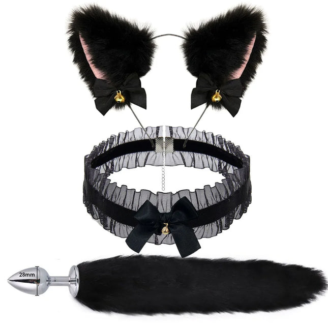 Female Male Erotic Cosplay Accessories Cute Fox Tail Anal Plug with Soft Bow-Knot Cat Ears Headbands Collar for SM Sex Toys
