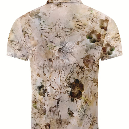 Men's Summer Short Sleeved Printed Button Polo Men's Casual Retro, Short Sleeved Top Polo Shirt Half Button Placket and Collar