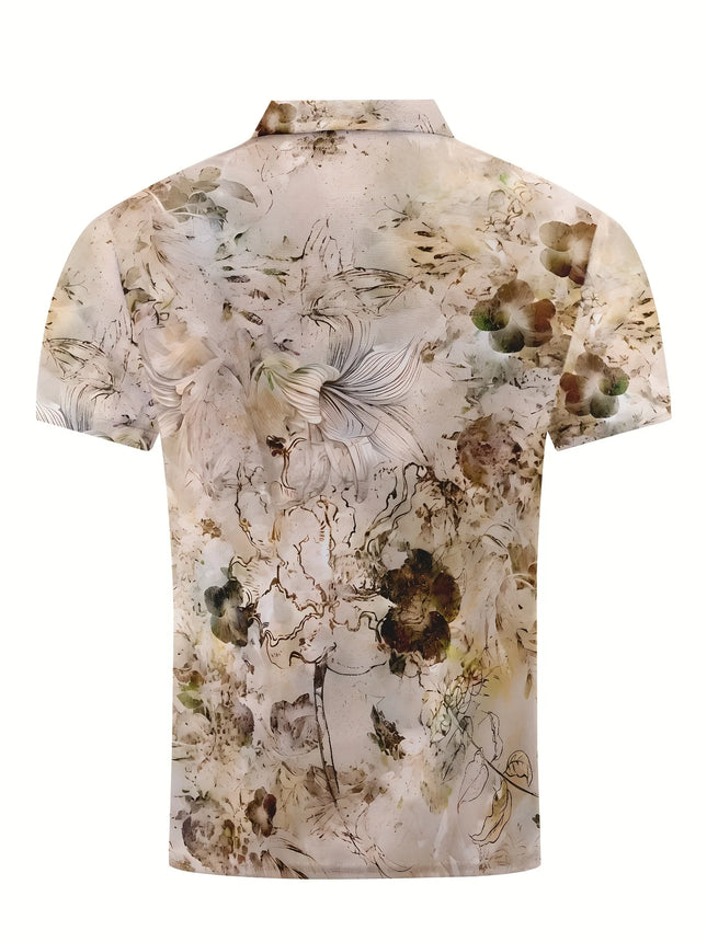 Men's Summer Short Sleeved Printed Button Polo Men's Casual Retro, Short Sleeved Top Polo Shirt Half Button Placket and Collar