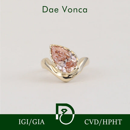 14K/18K Yellow Gold Pear Bezel Diamond Ring Organic Wave Band Lab Created Pink Diamond Engagement Ring Minimalist Fine Jewelry