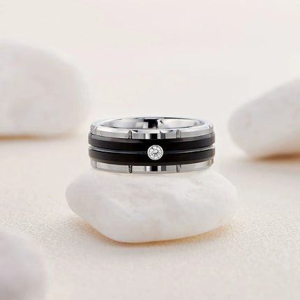 Fashion Couple Rings Women's White Rhinestones Zircon Ring Sets Men's Stainless Steel Zircon Stones Rings Wedding Band Jewelry