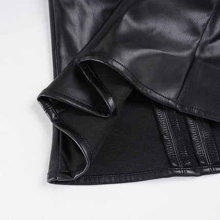 Punk Street Style Spice Girl Turtleneck Metal Buckle PU Leather Vest Slim Fit Sexy Short Sleeveless Top