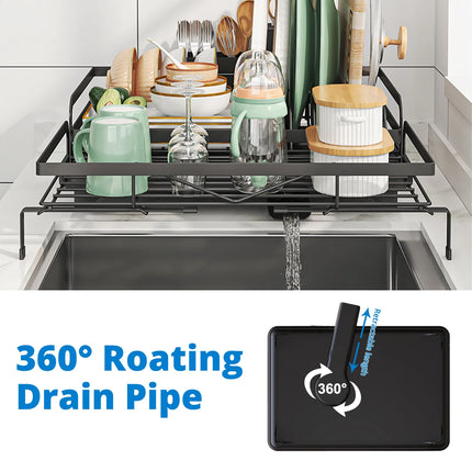 Dish Drainer Rack, Expandable Dish Drying Rack with Cutlery Holder and Swivel Drainage Spout, Dish Rack for Kitchen Counter