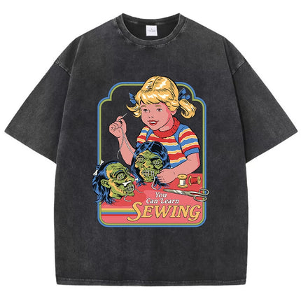 You Can Learn Sewing Print Women Distress T Shirt Summer Breathable Wash Tshirt Street Fashion Tees Casual Sport Cool T-Shirts