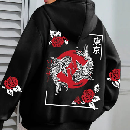 Tokyo Koi Fish Rose Harajuku Print Women Hoodie Loose Casual Hoody Autumn Multicolor Streetwear All-Match Fleece Clothes