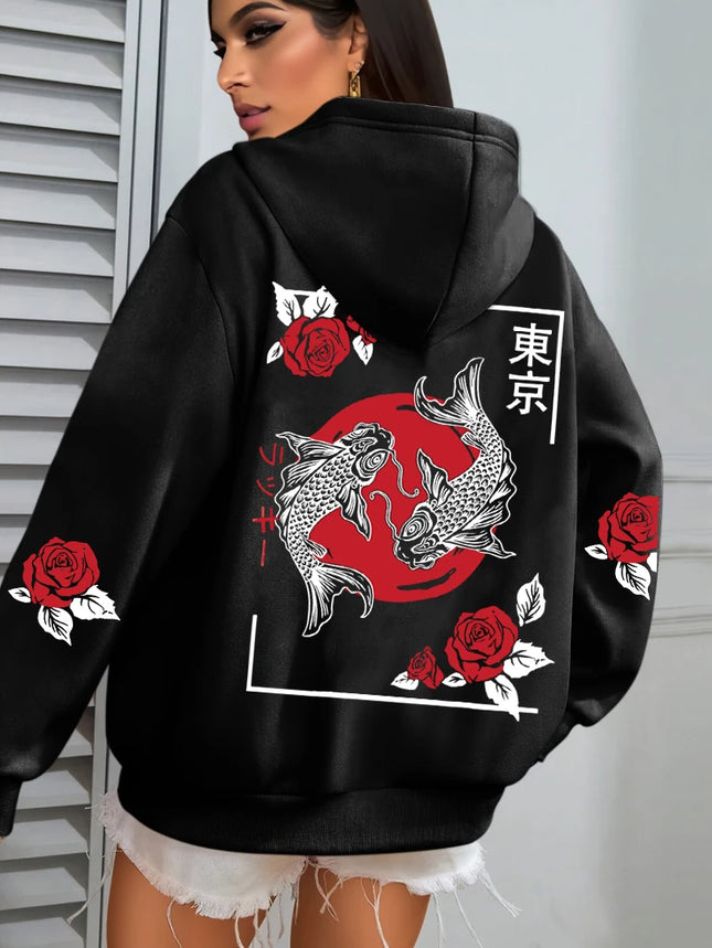 Tokyo Koi Fish Rose Harajuku Print Women Hoodie Loose Casual Hoody Autumn Multicolor Streetwear All-Match Fleece Clothes