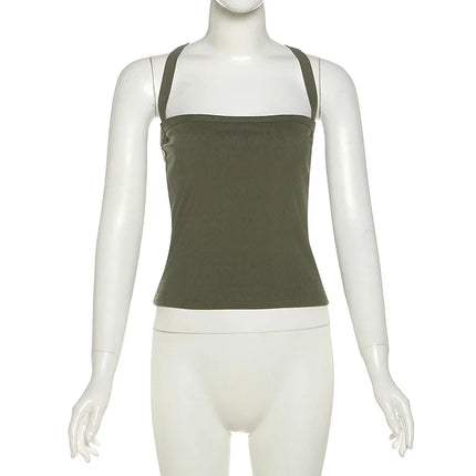Green Thread Casual Tank Tops Woman Low-Neck Cross Strap Sleeveless Backless Crop Top Hot Girls High Street Classic Slim Fit Top