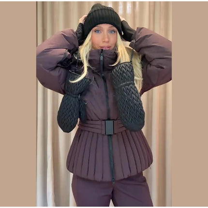 Women Peplum Ski Jackets Hooded Stand Collar Belt Waist Zipper Solid Puffer Jacket Fashion Sheath Warm Sport Winter 2025 Skiwear