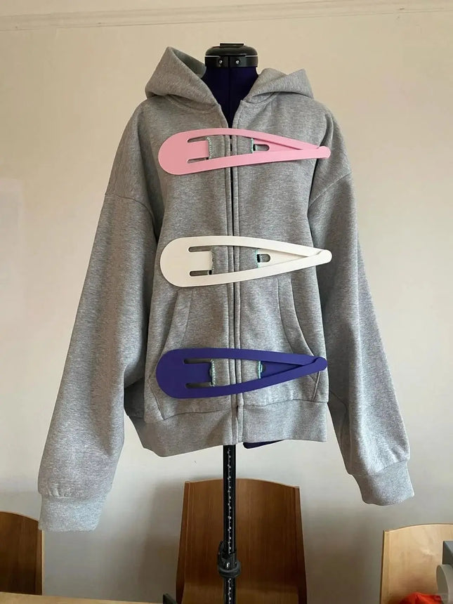 American Retro Hair Clip Hoodies Womens New Zipper Cardigan Jacket Womens Kawaii Oversized Hoodie Sweatshirt Fashion Y2k Clothes