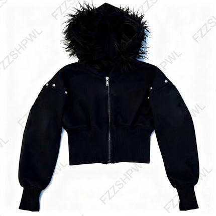 Y2K Harajuku Gothic Women's Hoodie Sexy Slim Chic Suede Fur Collar Letter Print Cardigan Sweatshirt Aesthetic Female Streetwear