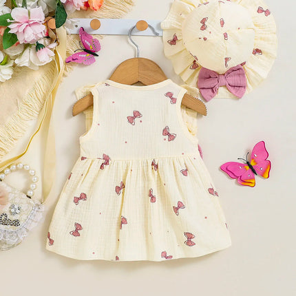 100% Cotton Newborn Baby Girl Dresses 0-9 Months Infant Cute bow print Dress +Hat 2PCS Set Summer Sweet Outfit Baby Clothing