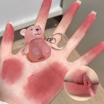 Cute Bear Velvet Lip Mud Keychain Matte Nude Red Lip Gloss Autumn Winter Non-stick Cup Lipstick Waterproof Lasting Lips Makeup