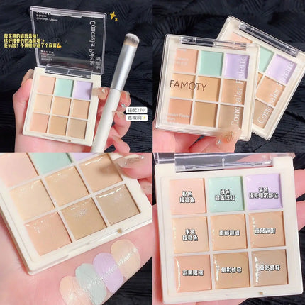 FAMOTY 9 Colors Concealer Palette Full Coverage Cover Blemish Acne Dark Circles Tear Trough Brighten Skin Tone Long Lasting Make