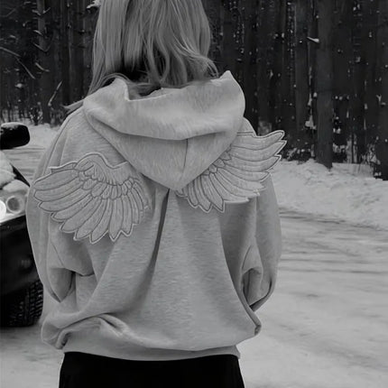 Spring New Cute Personality Street Trend Angel Wings Hooded Solid Color Zipper Sweater for Men and Women ins style