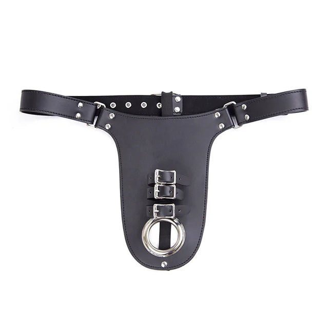 Sexy Leather C-Strings Chastity Device Thong with Penis Men Cock Crotchless Panties Chastity Belt Underwear Sex Lingerie