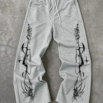 Y2K Dark Punk Abstract Gothic Cross Star Print Mens Baggy Wide Leg Sweat Pants Loose Straight Drawstring Hip Hop Street Joggers
