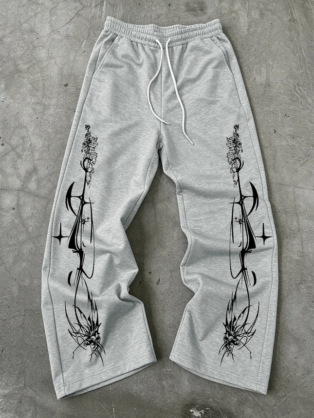 Y2K Dark Punk Abstract Gothic Cross Star Print Mens Baggy Wide Leg Sweat Pants Loose Straight Drawstring Hip Hop Street Joggers