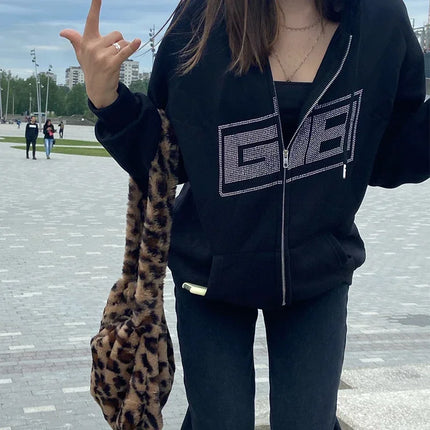 Gothic Butterfly Print Oversize Zip Up Hoodies 2025 Winter New Grunge Long Sleeve Sweatshirt Casual Hooded Jacket Streetwear