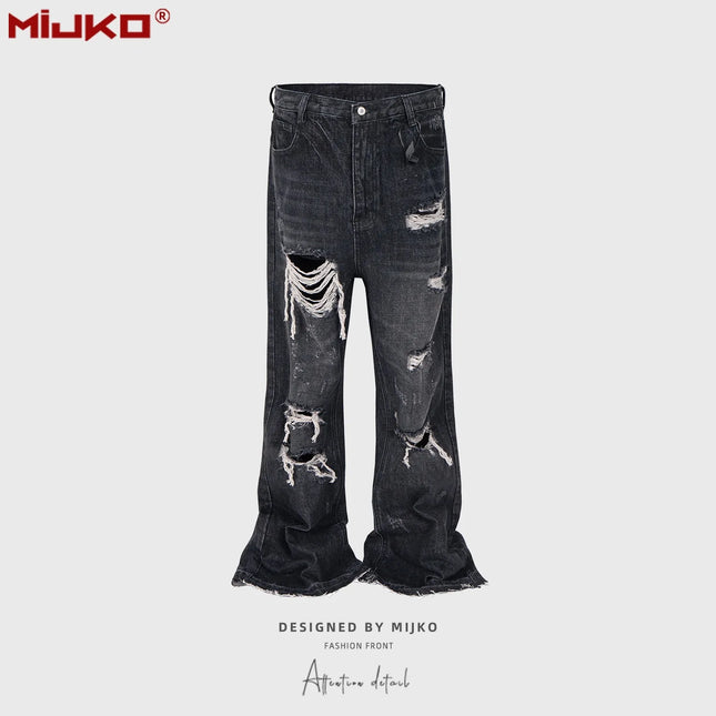 MIJKO Unisex Wide Leg Flared Jeans Torn Hole Cut with Cat Whisker Fringe Blue for Men And Women ZJ014