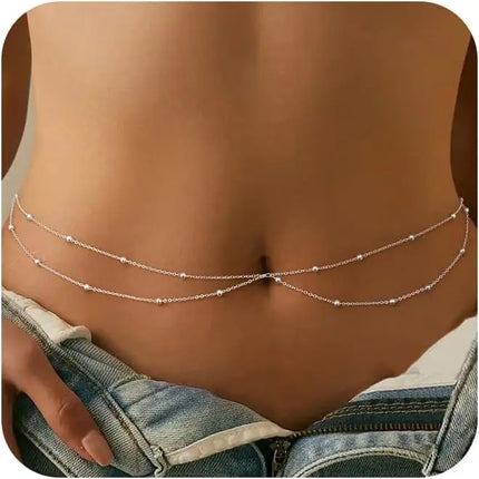 Waist Chain for Women Waterproof, 14K Gold Plated STAINLESS STEEL Layered Belly Chain Sexy Bikini Satellite Beads Body Jewelry