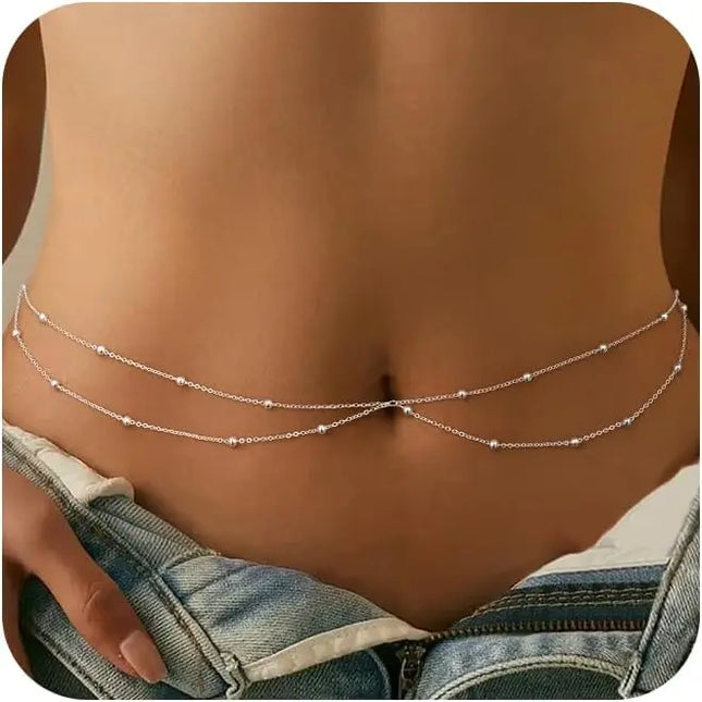 Waist Chain for Women Waterproof, 14K Gold Plated STAINLESS STEEL Layered Belly Chain Sexy Bikini Satellite Beads Body Jewelry