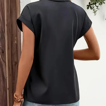 Plus Size 1XL-5XL Women's Black Zip-Up Blouse Button Lapel  Blouse Shirt Ladies Casual Short Sleeve Elegant Solid Color Shirt