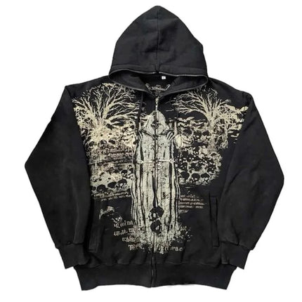 90s Tapout Gothic Zip Up Hoodies Skull Cross Wings Graphic Print Dark Streetwear Black Hooded Sweatshirts Unisex Autumn Tops