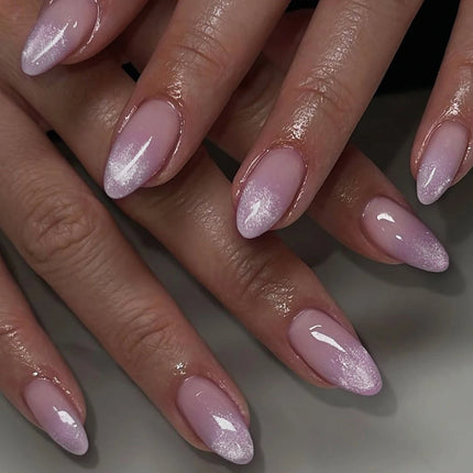24Pcs Metallic Cat Eye French Sheer Manicure Tip Art Textured 3D Acrylic False Nails Nude Pink Almond Medium Press on Fake Nails