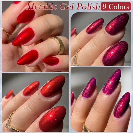 7ml Metallic Gel Nail Polish Red Chrome Effect Soak Off Varnish Semi-Permanent Nails Art Manicure Base Top Coat and Magnetic