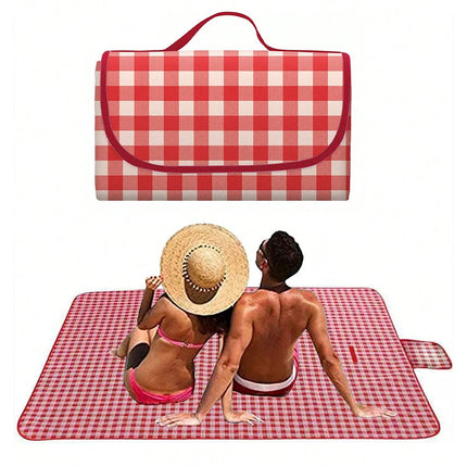 Picnic Blanket Beach Mat Washable Lightweight with Handle Red Checkered for Hiking Travelling Outdoor Camping Parks