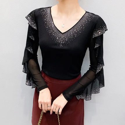 2025 Autumn New Style Mesh Tops Korean Fashion Round Neck Ruffles Shirt Lotus Leaf Edge Hot Diamond Long Sleeve Women T Shirt