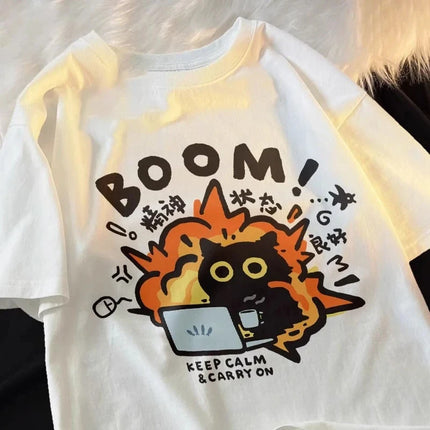New Kawaii Good Mental State Pure Short Sleeved T-shirt for Men Women Tee Clothes Loose Casual Y2K Cartoon Oversized Tops