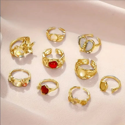 10/17Pieces Fashion Heart & Cat Eye Opal Ring Set For Women Mix Style Open Adjustion Daily Jewelry Party Gifts