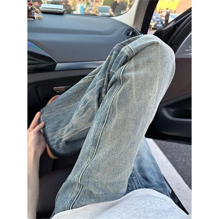 Vintage Men's Jeans Man Pants High Street Washed Denim Blue Jeans Straight Leg Slight Flare Casual Trousers