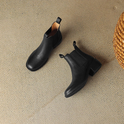 Krazing Pot Big Size 34-43 Cow Leather Round Toe High Heels Retro Modern Chelsea Boots Warm Winter Shoes Motorcycles Ankle Boots