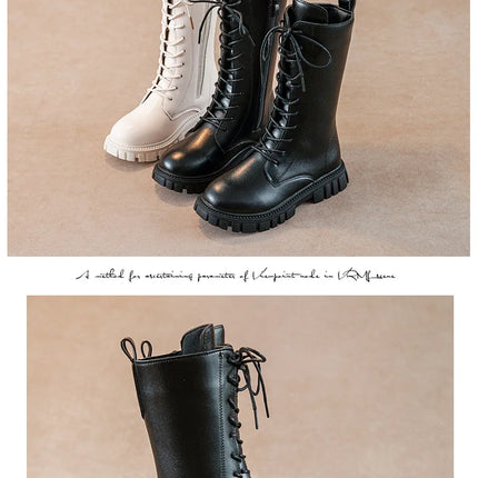 Girls' Boots Autumn Winter British Style Lace Up Long Boots Solid Color Princess Leather Boots Plus Velvet Kids Knight Boot