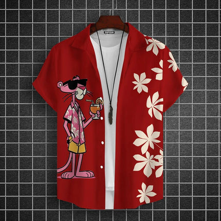 Cartoon Leopard Graphic Men Short Sleeve Lapel Shirt Tops Unisex Pink Button-Down Hawaiian Shirts Summer Daily Female Blouses